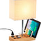 Desk Lamp with 3 USB Charging Ports, Table Lamp with 2AC Outlets and 3 Phone Stands, Nightstand Bedside Lamp with Natural Wooden Base and Cream Linen Shade