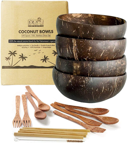 Coconut Bowls with Spoons and Forks, Acai Bowls – Wooden Bowls, Buddha Bowls, Bamboo Dinnerware Sets, Coconut Shell for Wood Fruit Bowl, Smoothie Bowls, or Wood Salad Bowl (Set of 4, Standard)